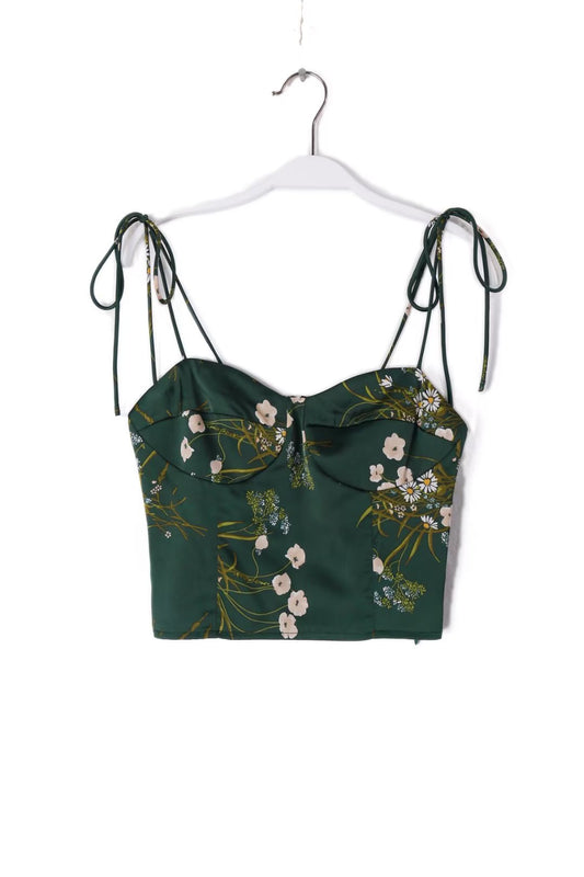 French Vintage Chiffon Printed Short Small Sling Waist Slimming Floral Rope Lace up Short Top