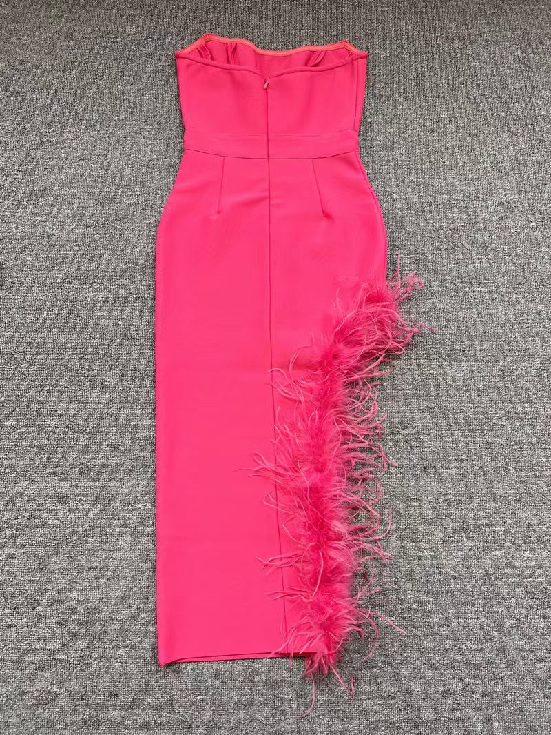Summer High Waist Feather Split Sleeveless Tube Top Midi Dress Sexy Sweet Dress