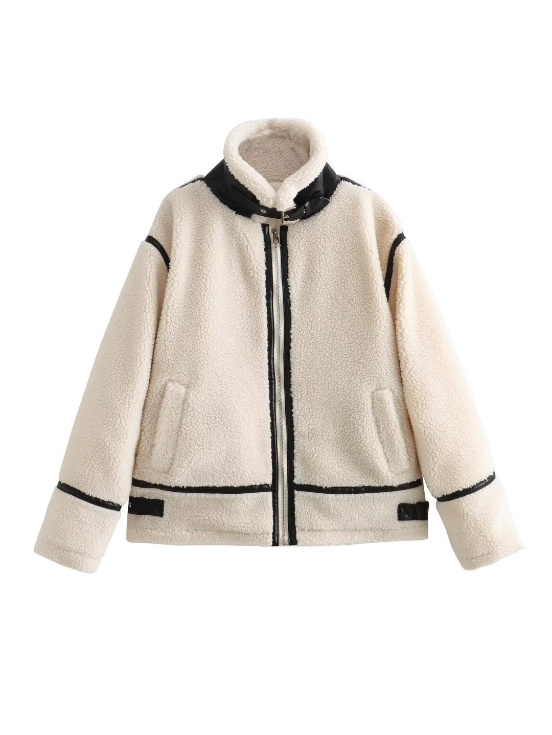 Women Clothing Autumn Women Casual One Piece Lamb Wool Contrast Color Warm Jacket