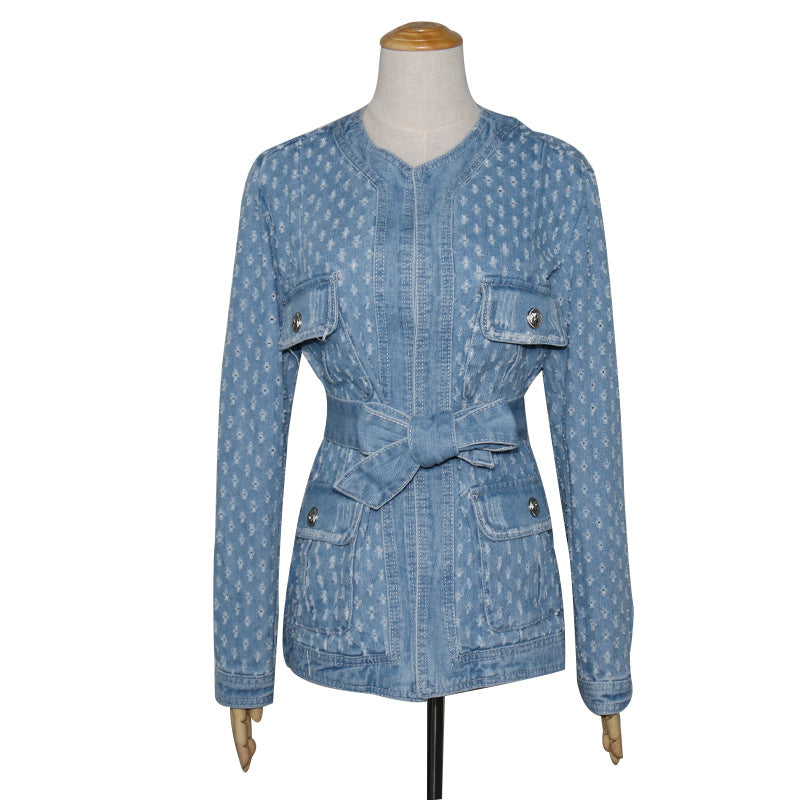 Fall Denim Jacket Women Casual round Neck High Waist Lace up Cutout Long Sleeve Slim Jacket Women Tops