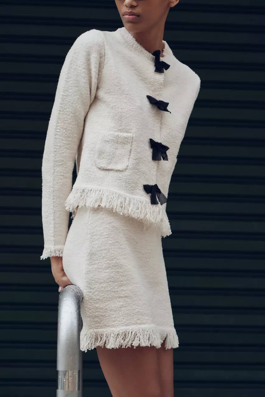 Women Clothing Autumn Classic Bowknot Decoration Knitted Coat Skirt Outfit