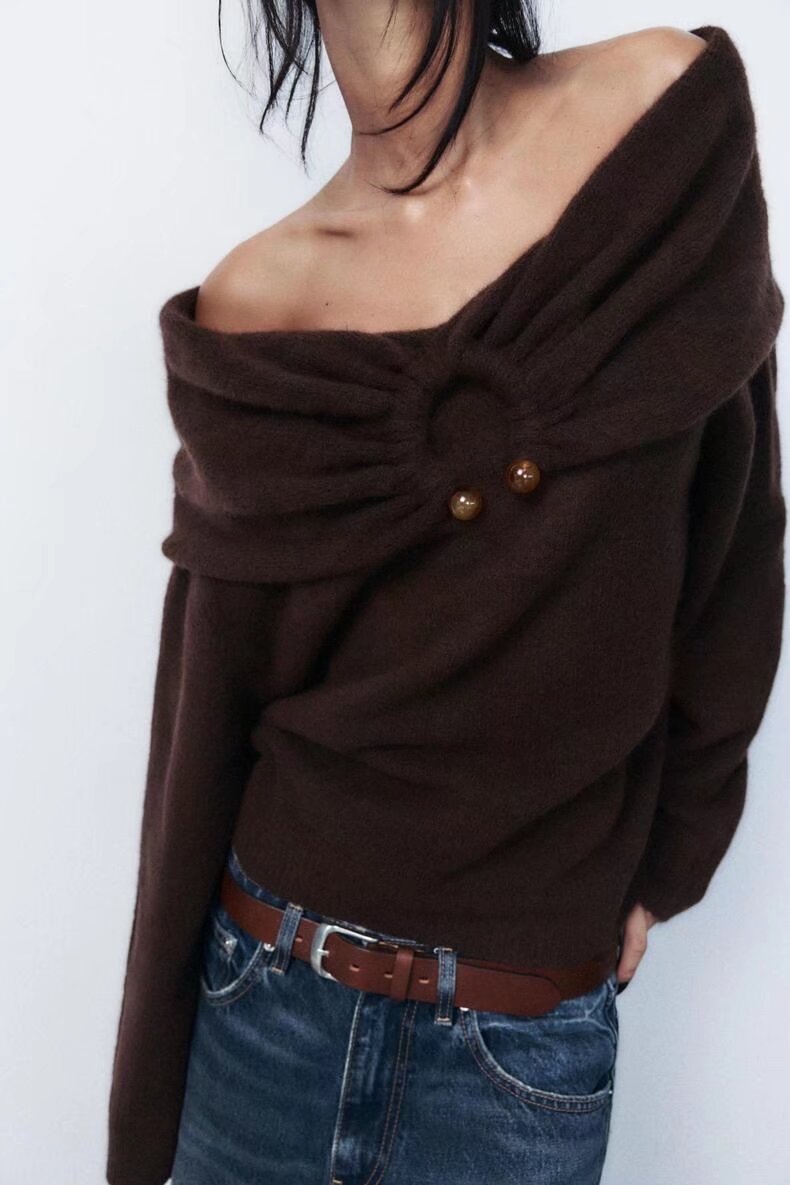 Women Curling Neckline Straight Collar Long Sleeve Shoulder Baring Sweater