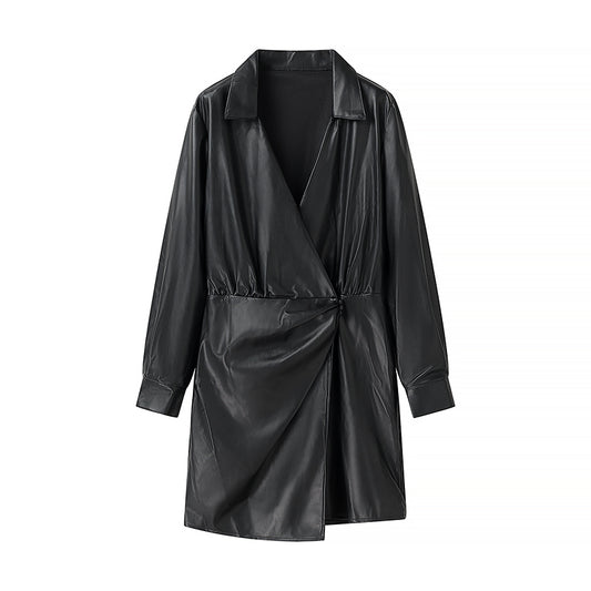 Winter Women Clothing Simple V neck Long Sleeve Irregular Asymmetric Dress