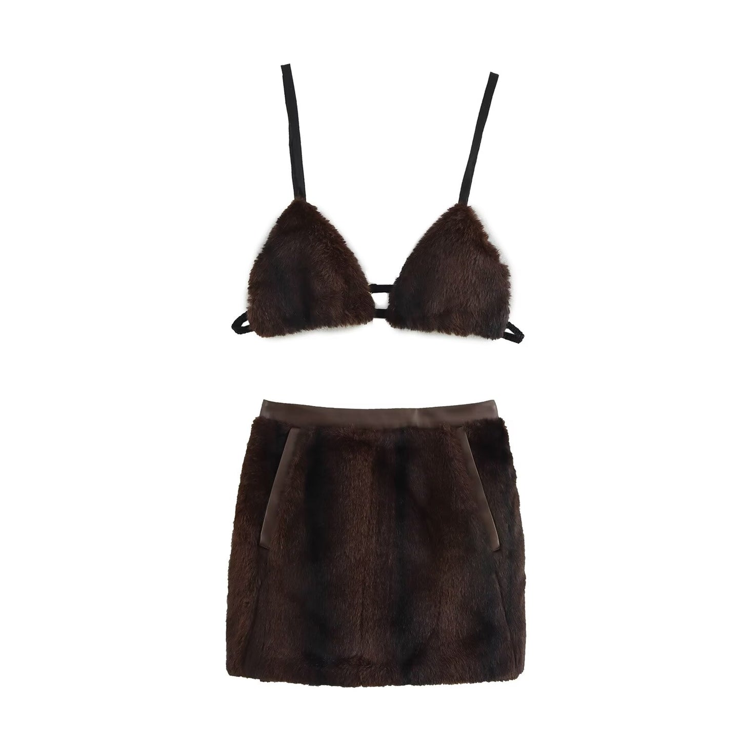 Women Solid Artificial Fur Effect Top Skirt Set