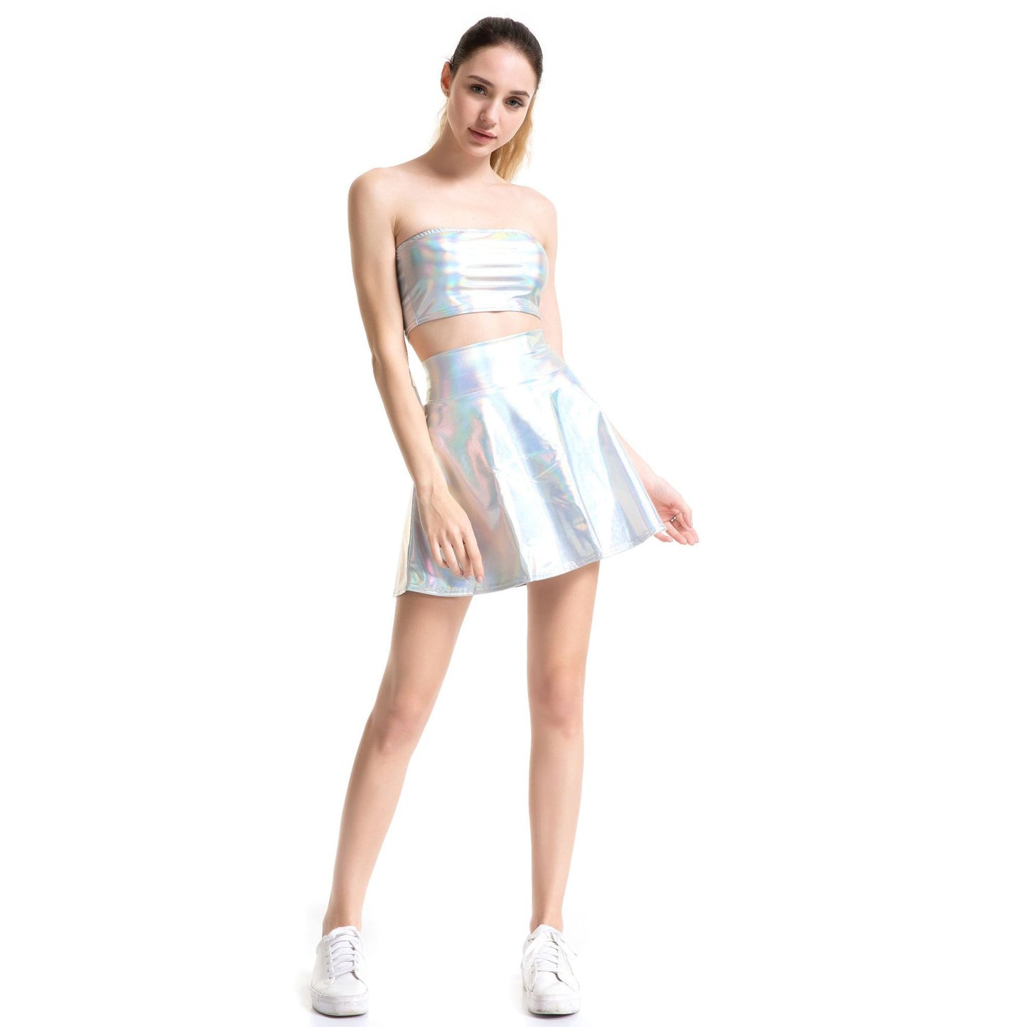 Nightclub Stage Solid Color Performance Wear Faux Leather Umbrella Skirt Women Pleated Skirt