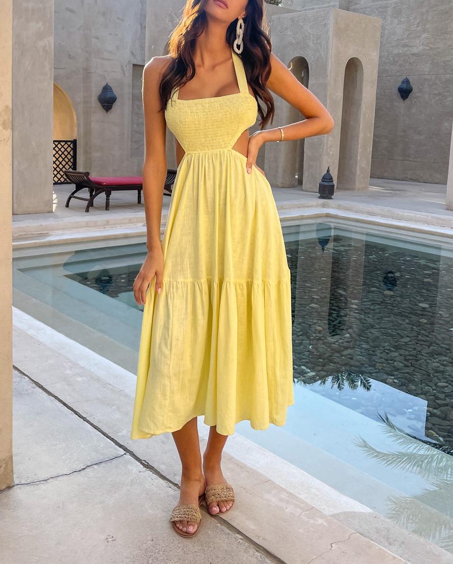 Spring Summer Sexy Halter Large Swing Slimming Dress Back Criss Cross Lace-up Holiday Hollow Out Cutout Sundress Dress Women