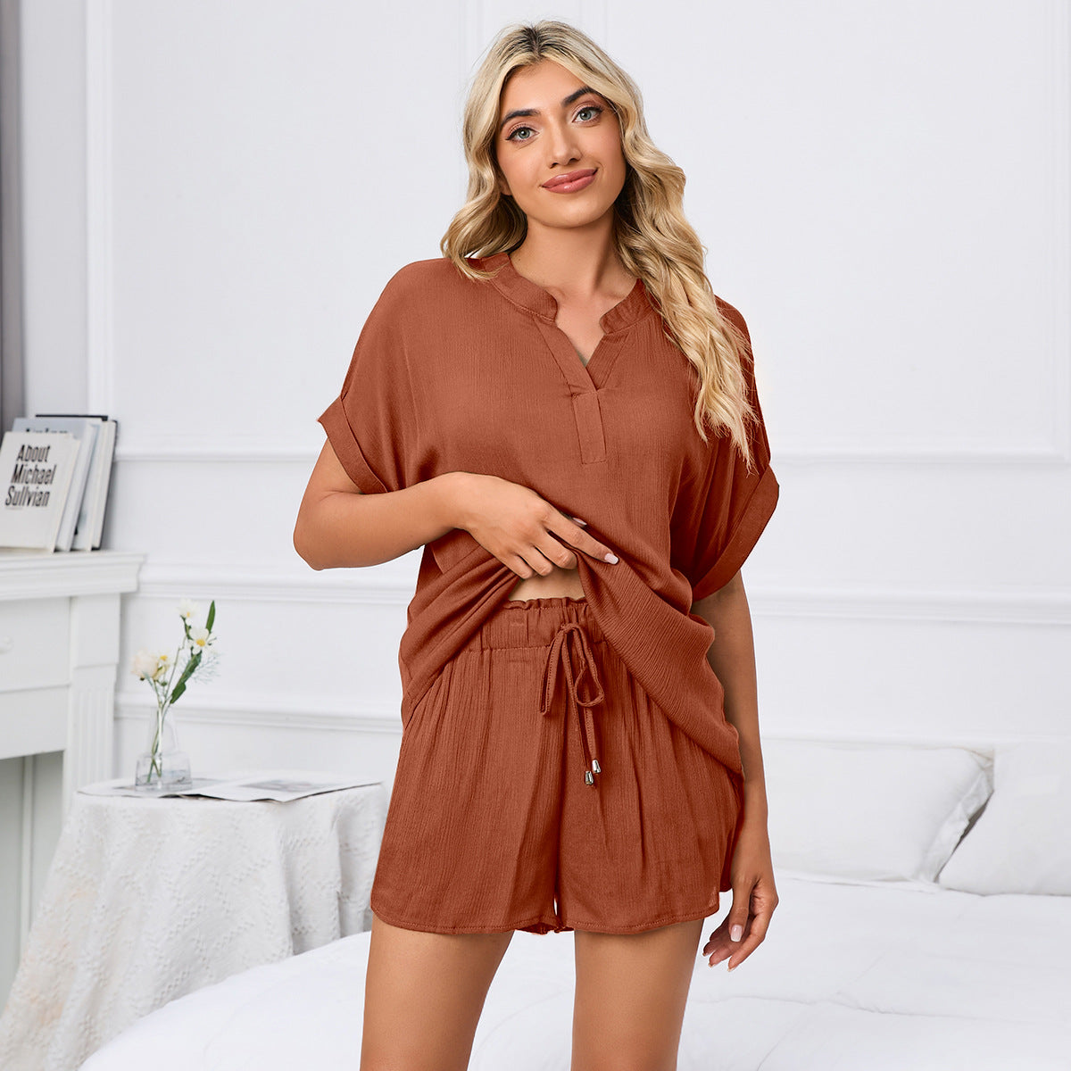 Spring Summer Solid Color V neck Loose T shirt Shorts Home Casual Suit