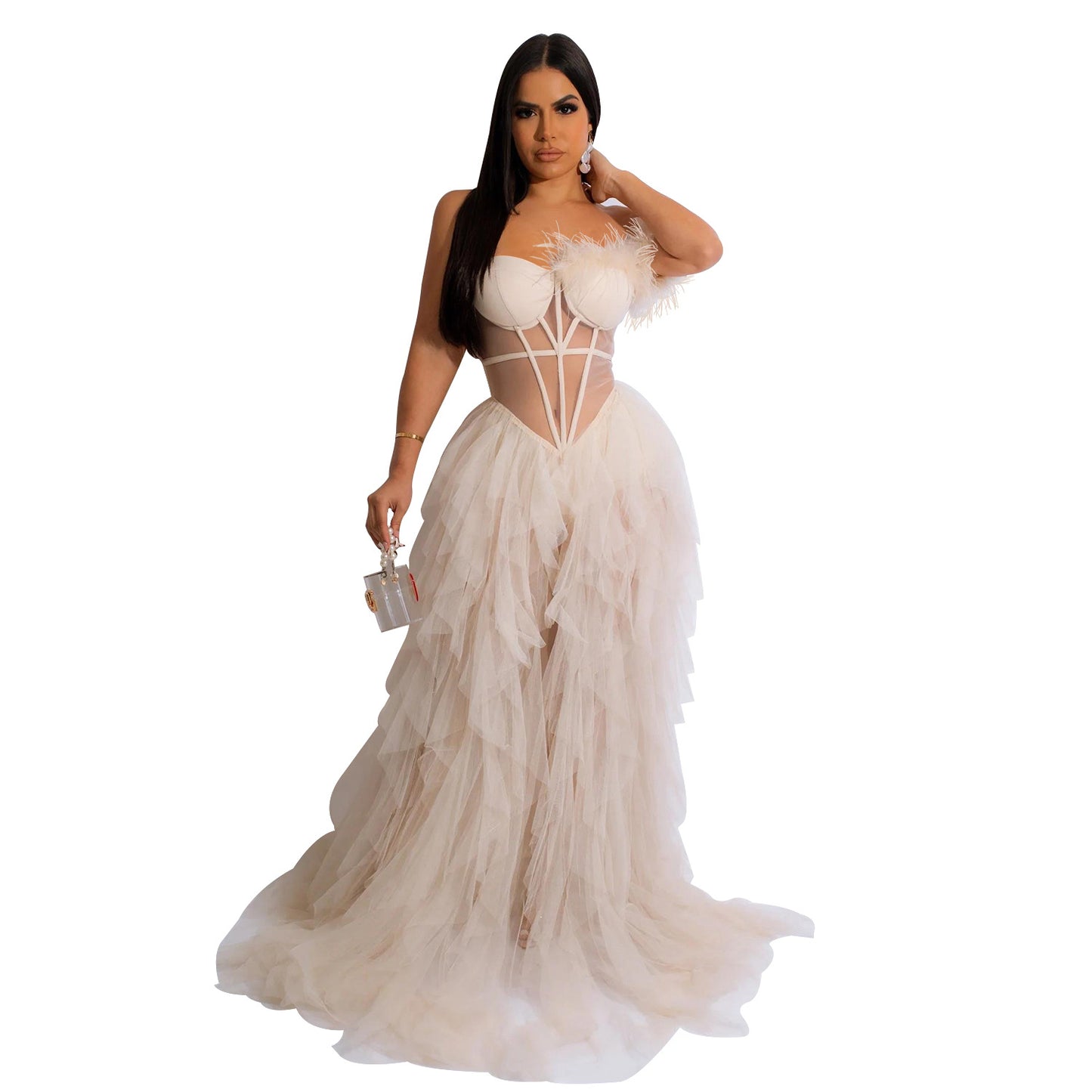 Women Wear Solid Color Sleeveless Chest Wrap Mesh Maxi Dress