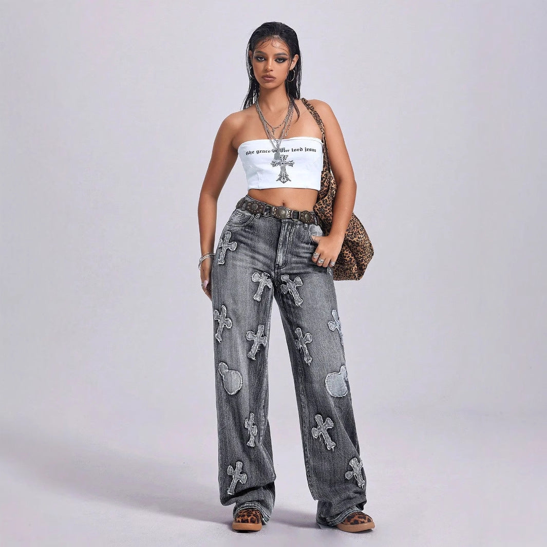 Women Clothing Vintage Cross Embroidery Straight Leg Denim