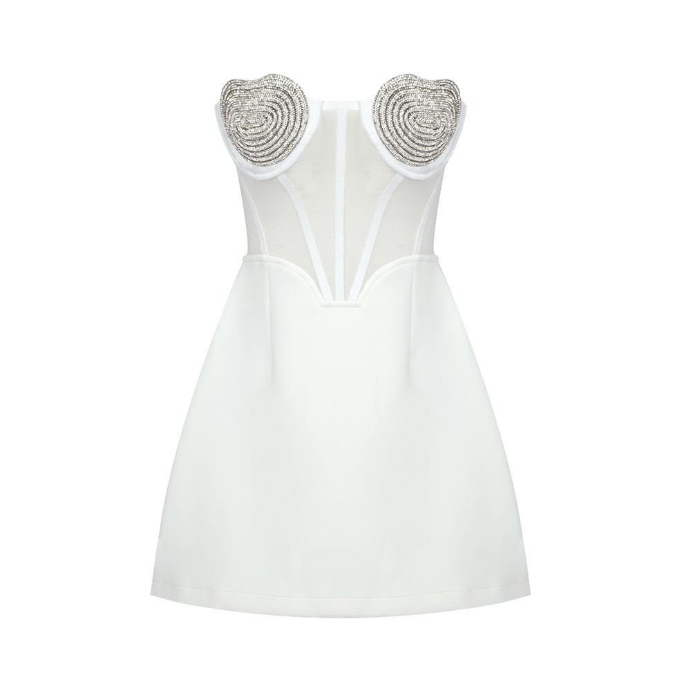 Sexy Peach Heart Drilling a Swing Strapless Dress Autumn Mesh See through Backless Dress