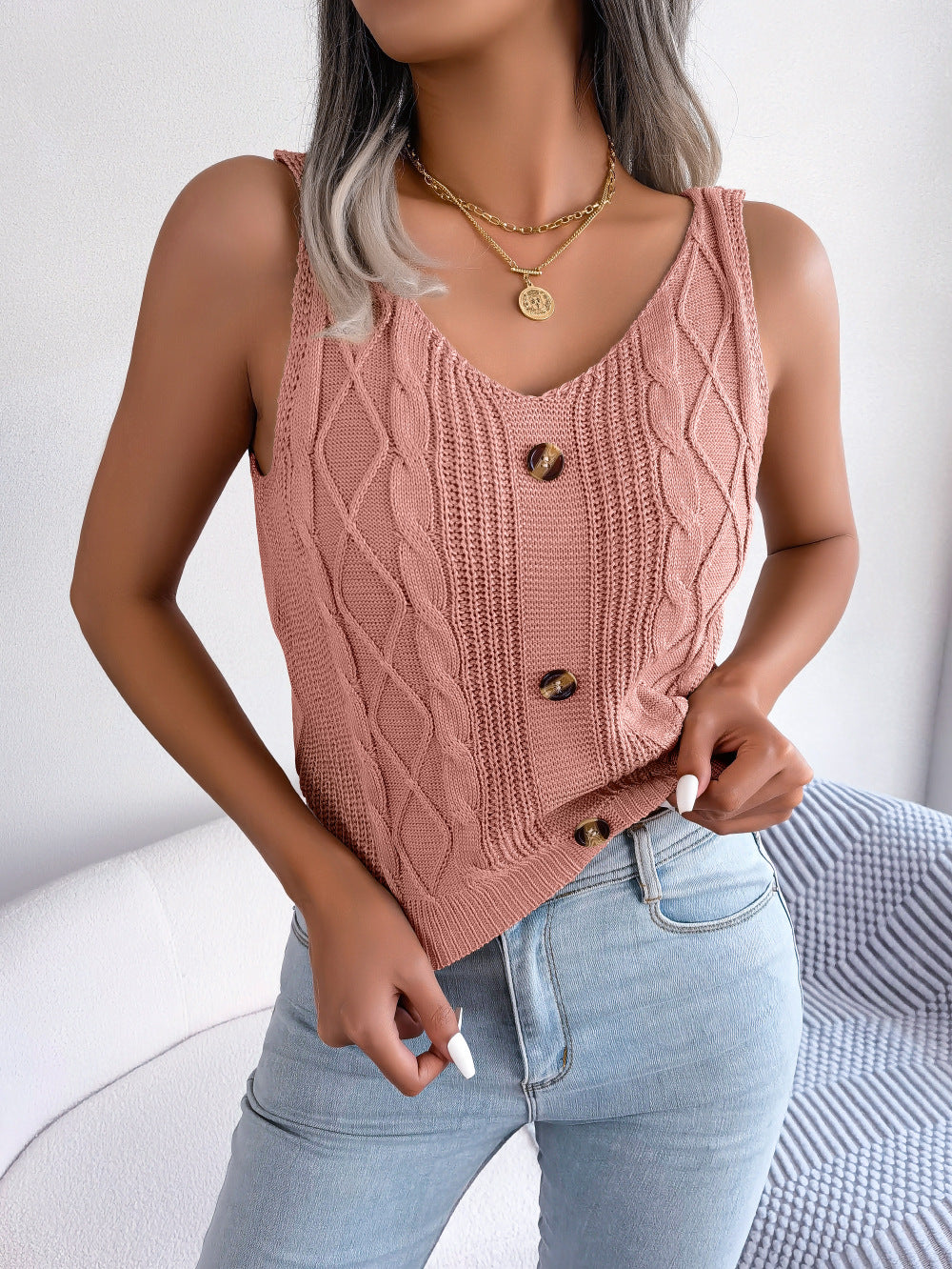 Printemps été décontracté col en V boutons tresse gilet vacances tricots femmes