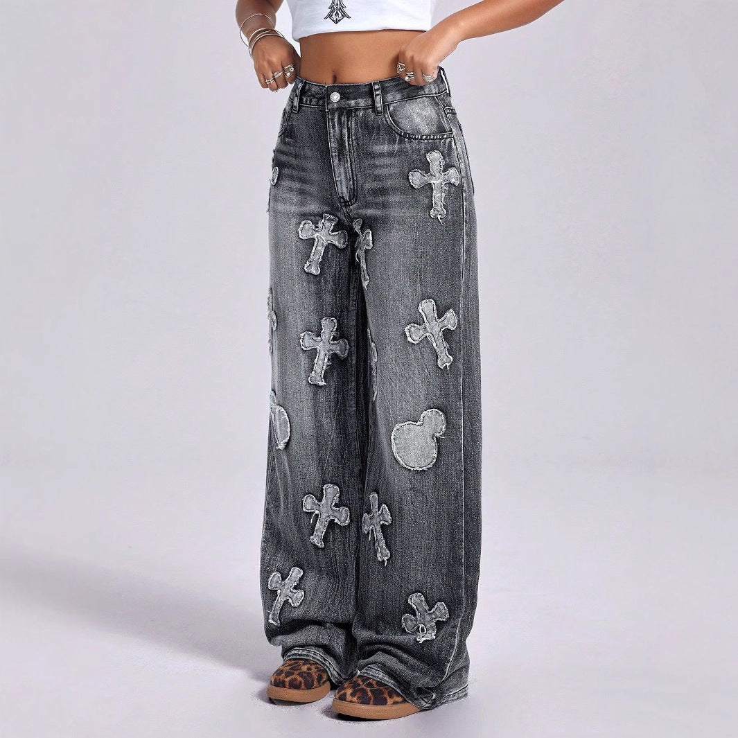Women Clothing Vintage Cross Embroidery Straight Leg Denim