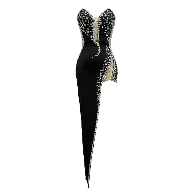 Sexy Light Luxury V neck Rhinestone Beaded Lace Perspective High Slit Tube Top Dress