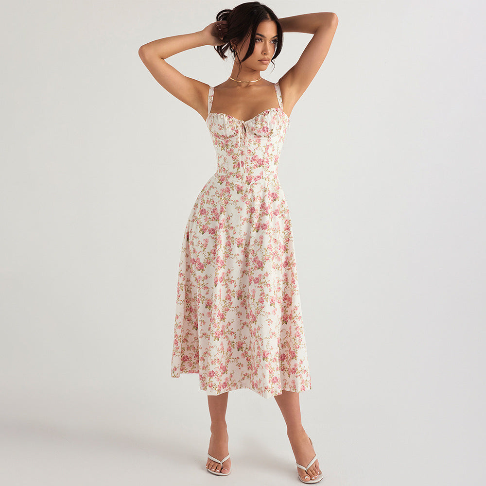Women Clothing Sexy Backless Slim Fit Strap Dress Vacation Floral Split Mid Length Dress