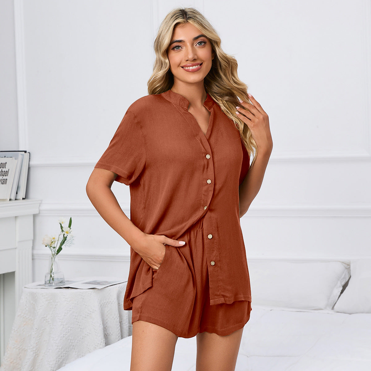 Printemps été couleur unie col en V lâche bouton t-shirt Shorts maison costume décontracté