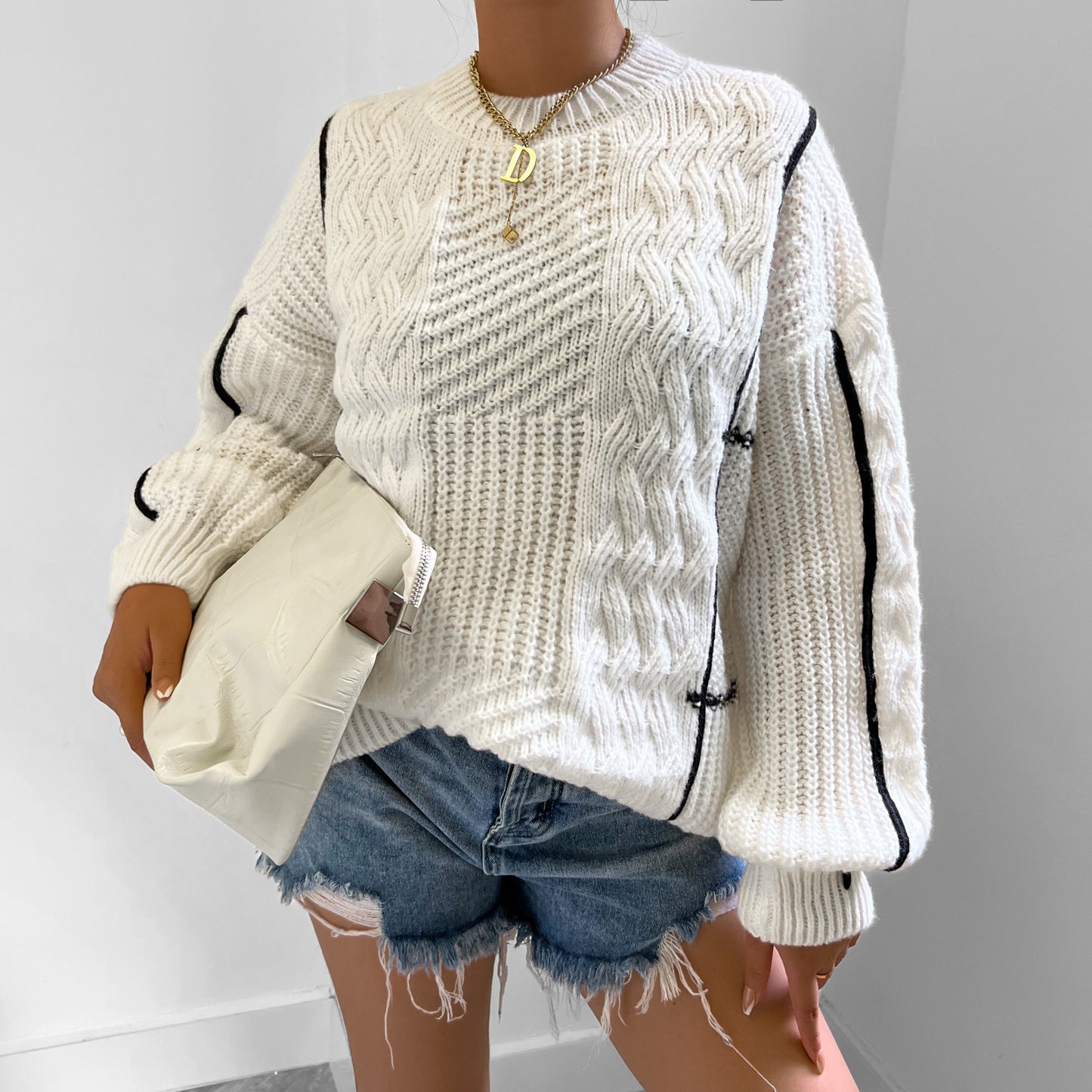 Women Clothing Autumn Winter round Neck Lantern Sleeve Sweater