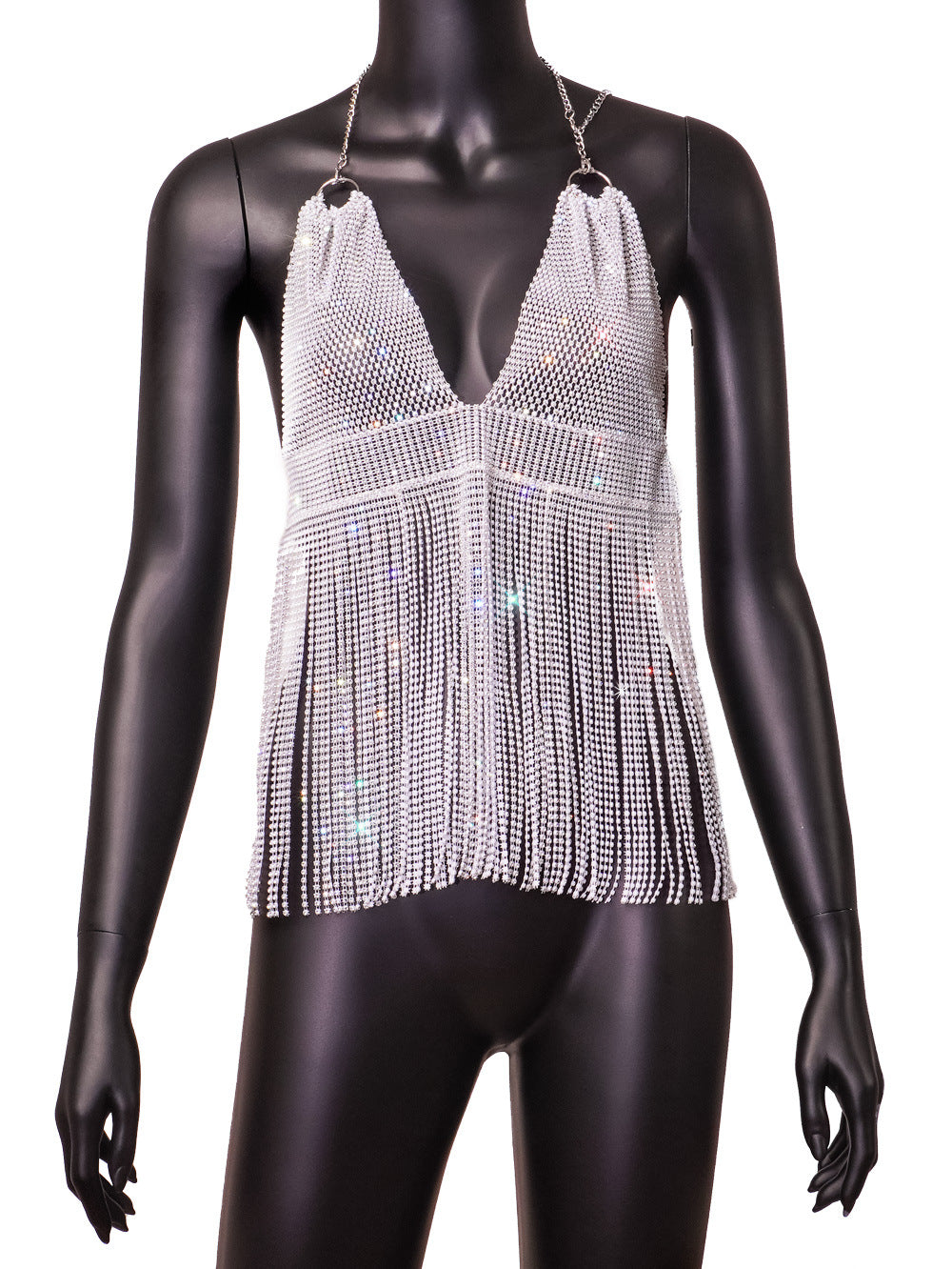 Summer Inner Wear Slim Backless Fishnet Rhinestone Tassel Suspender Vest