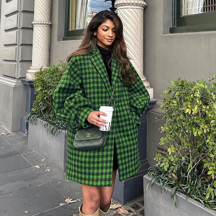 Women Clothing Retro Plaid Wool Short Coat Green Boyfriend Loose Autumn Winter Woolen Coat