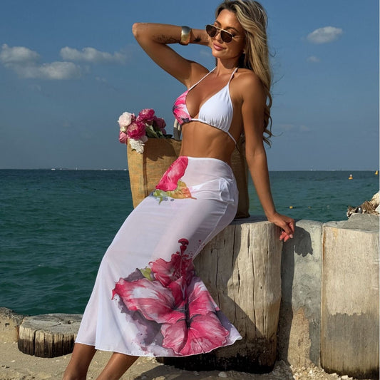 Printed Large Floral Three Piece Set Mesh Maxi Dress Sexy Bikini Bikini