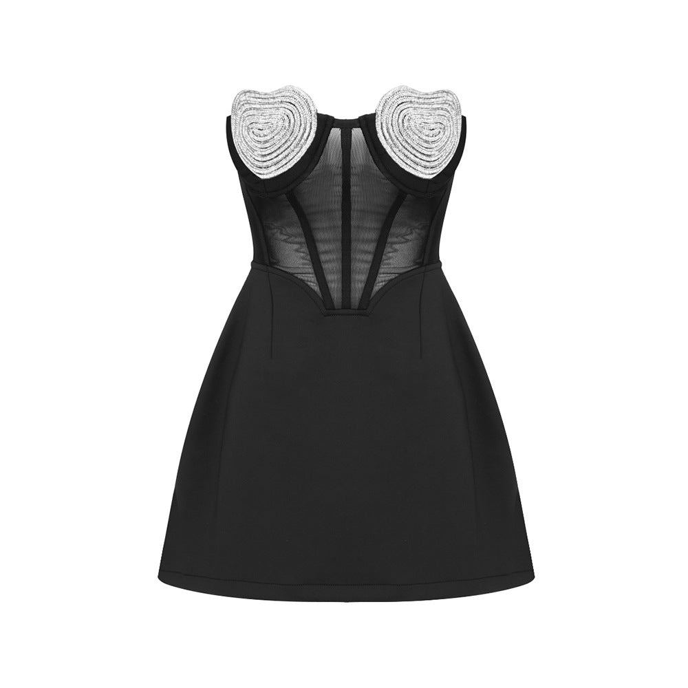 Sexy Peach Heart Drilling a Swing Strapless Dress Autumn Mesh See through Backless Dress