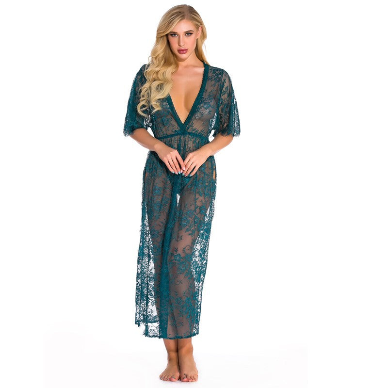Sous-vêtements Femmes Deux Pièces Dentelle Pyjamas Sexy Voir à travers Pyjamas Long Col V Homewear Nuit Robe