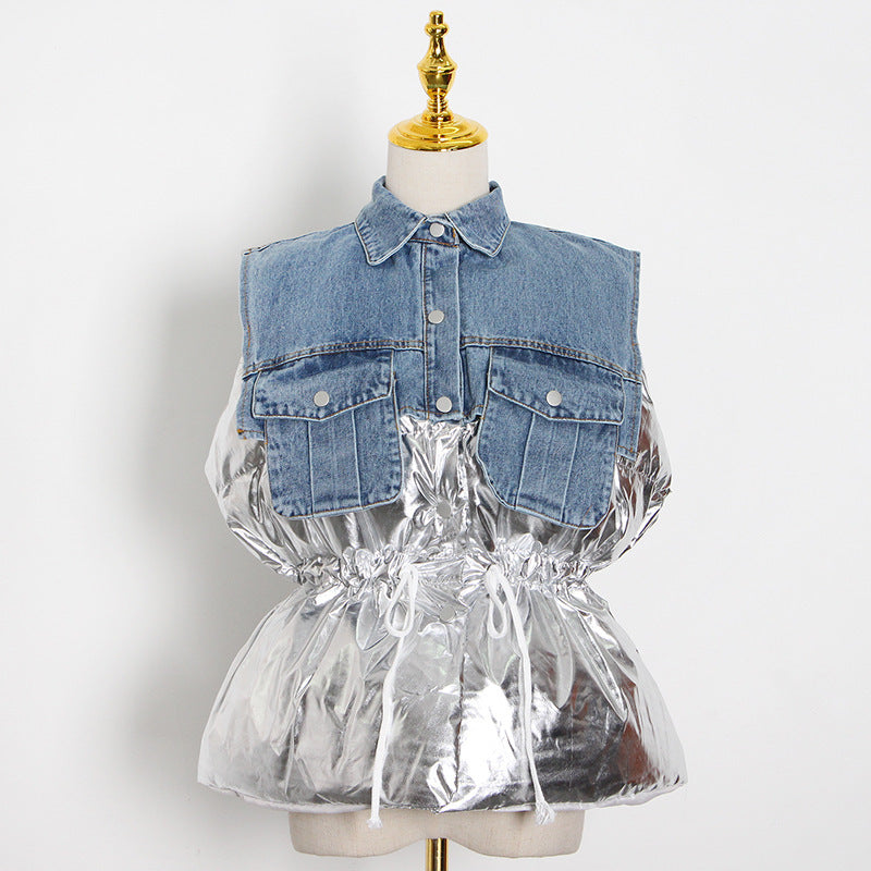 Design Denim Stitching Vest for Women Casual Waist-Tight Waistcoat Cotton Coat Jacket
