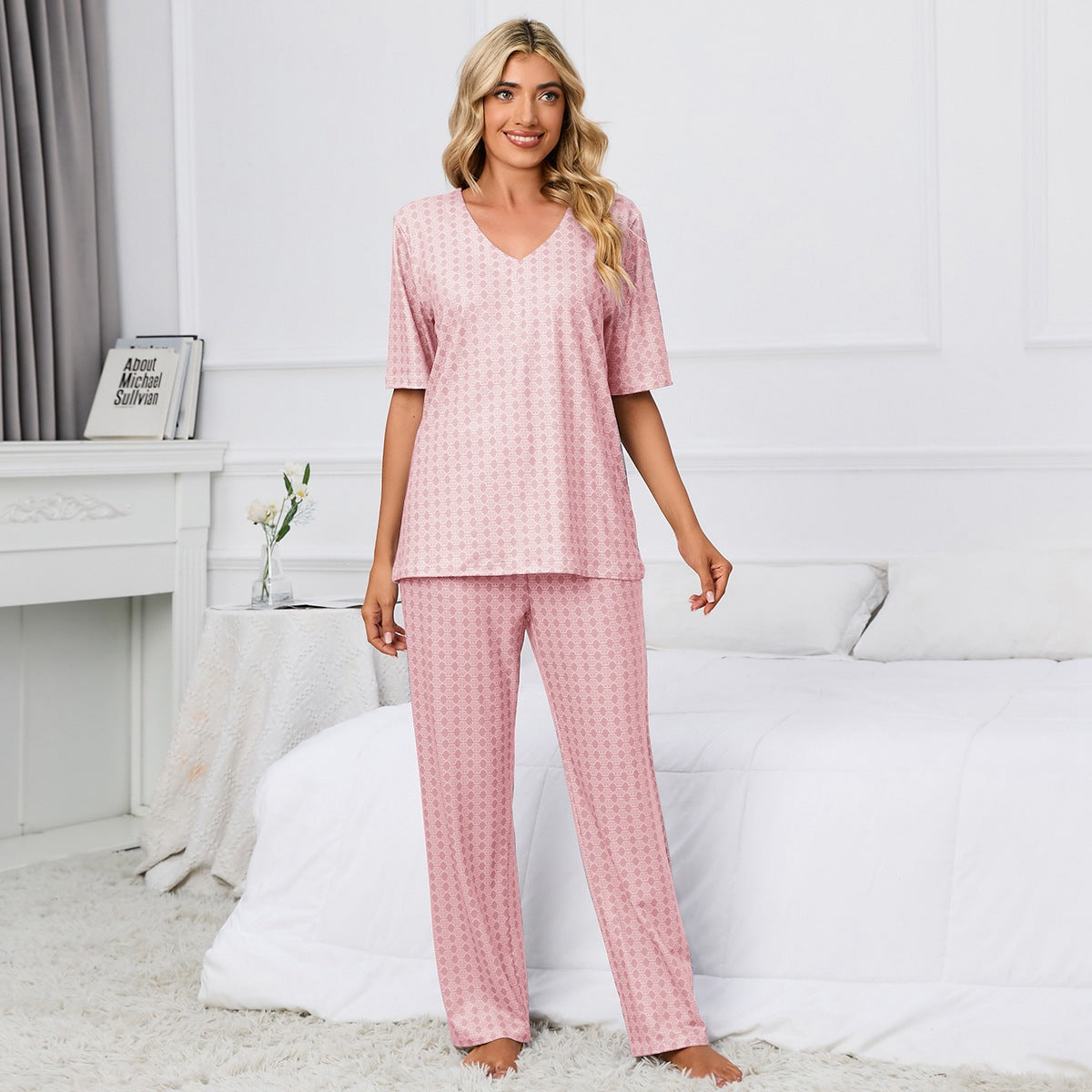 Haut imprimé à manches courtes et col rond Pantalon de costume Pyjama Homewear
