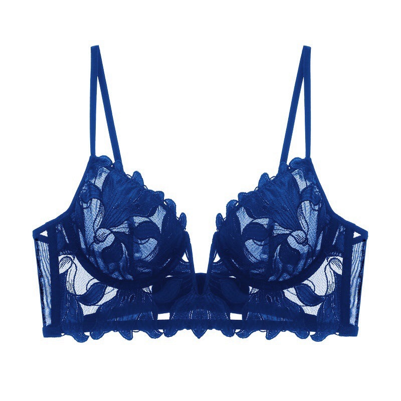 Embroidery Sexy Bra Women Deep V Plunge Plunge Steel Ring Push up Accessary Breast Push up Ultra-Thin Yarn Bra Fleur