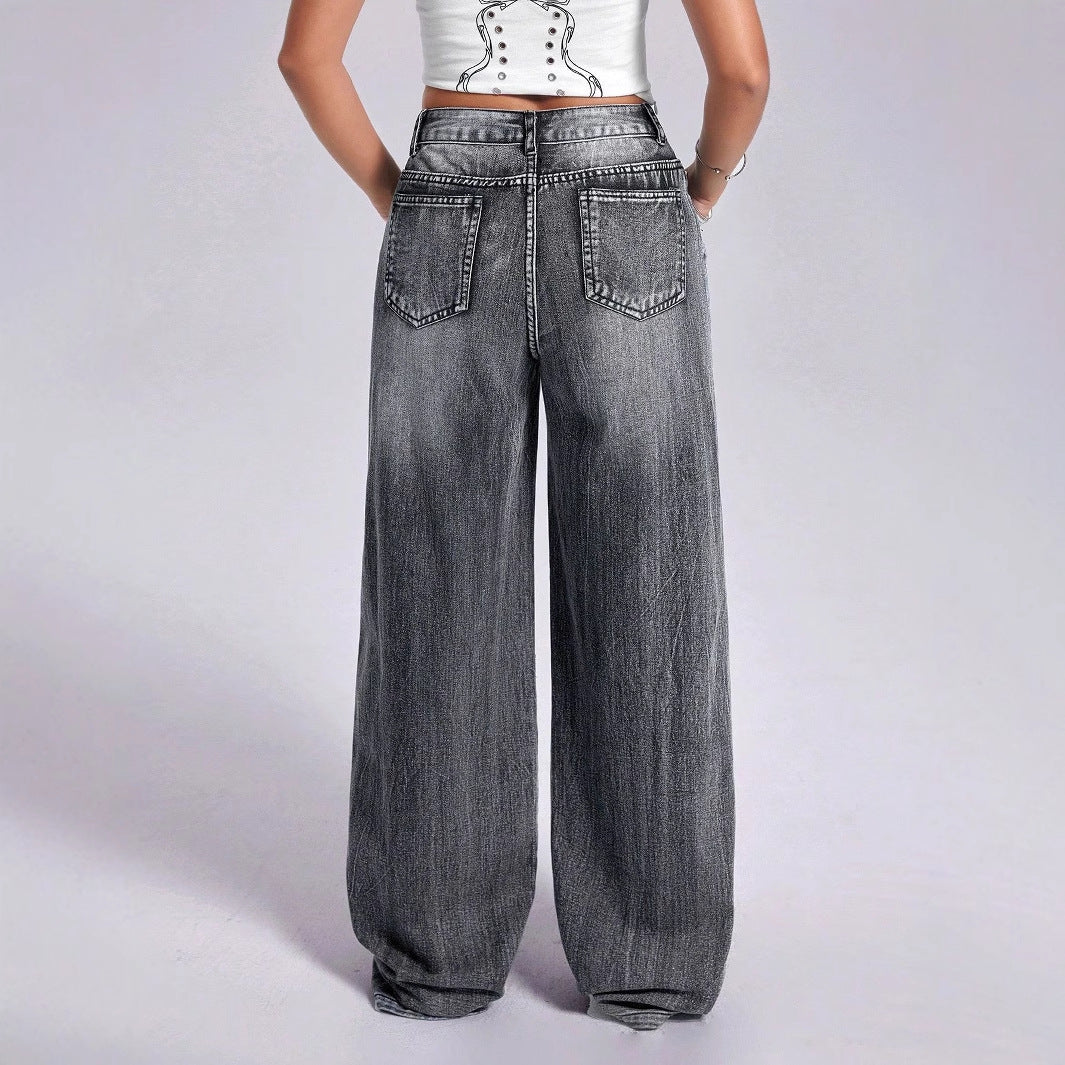 Women Clothing Vintage Cross Embroidery Straight Leg Denim
