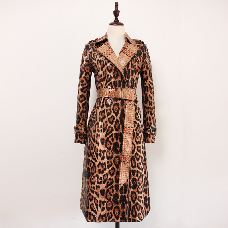 Goods Snakeskin Leopard Print Long Trench Coat Goddess Long Sleeve Leather Jacket Women Overcoat