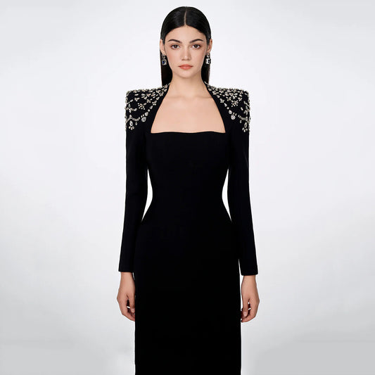 Elegant Graceful Square Collar Diamond Long Sleeve Bandage Dress Ladies Party Dinner Light Dress