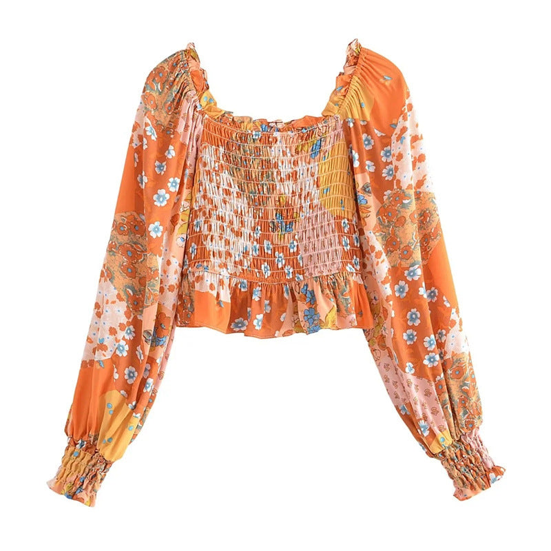 Printed Shirt Square Collar Long Sleeve Women Wooden Ear Elastic off Shoulder Small Shirt