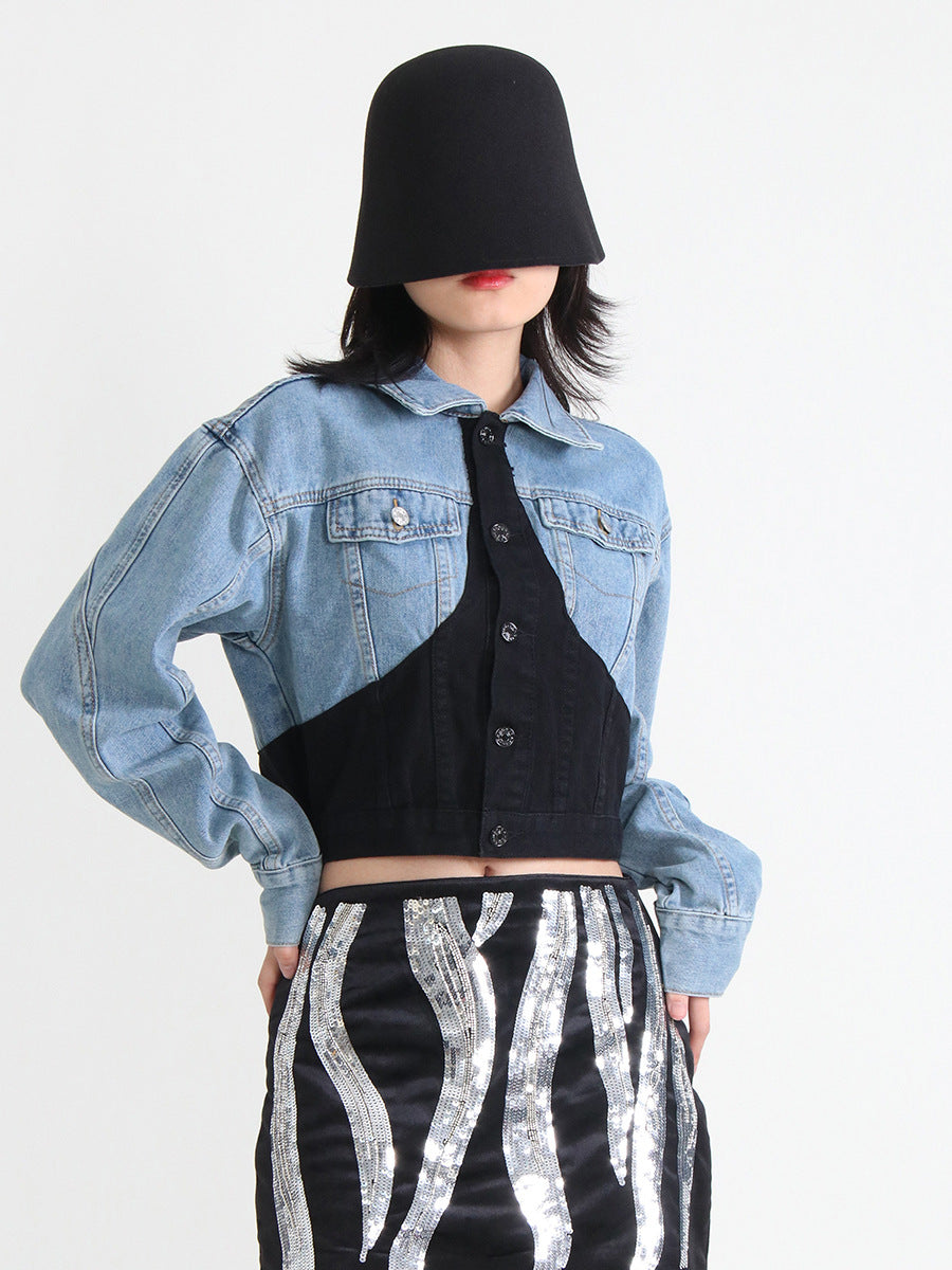 Denim Jacket Spring Polo Collar Stitching Single Breasted Long Sleeve Short Coat Women