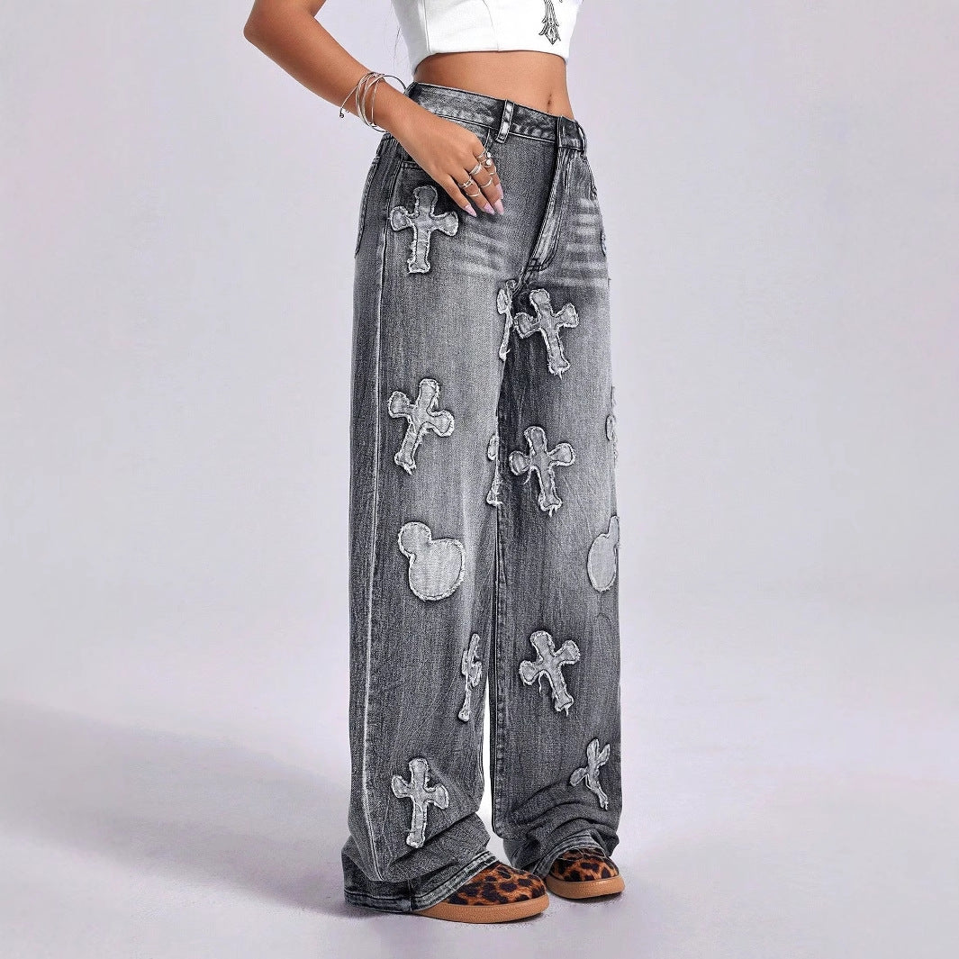 Women Clothing Vintage Cross Embroidery Straight Leg Denim