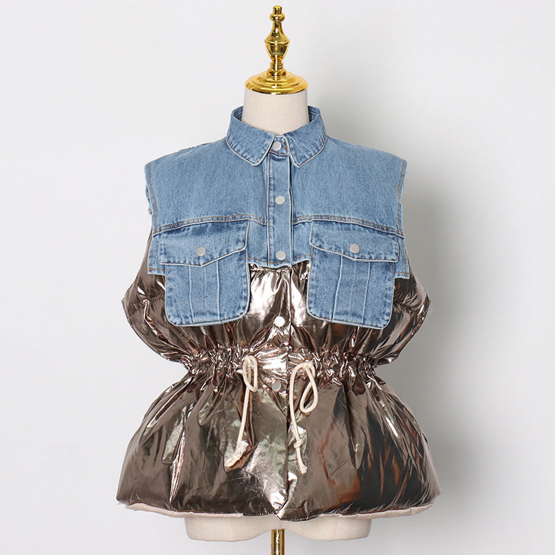 Design Denim Stitching Vest for Women Casual Waist-Tight Waistcoat Cotton Coat Jacket