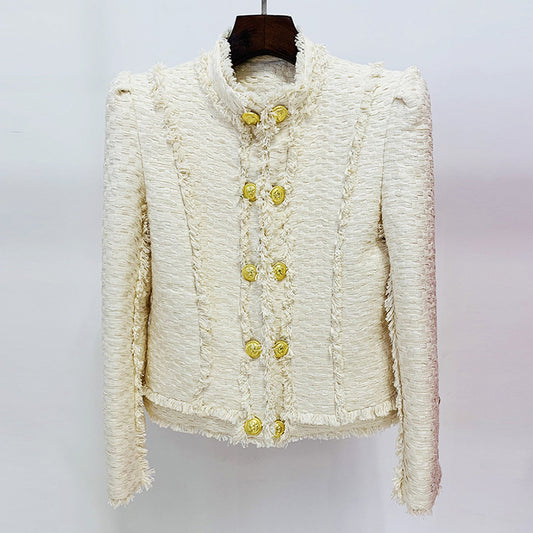 Autumn Winter Star Lion Buckle Tassel Fringe Tweed Stand Up Collar Jacket