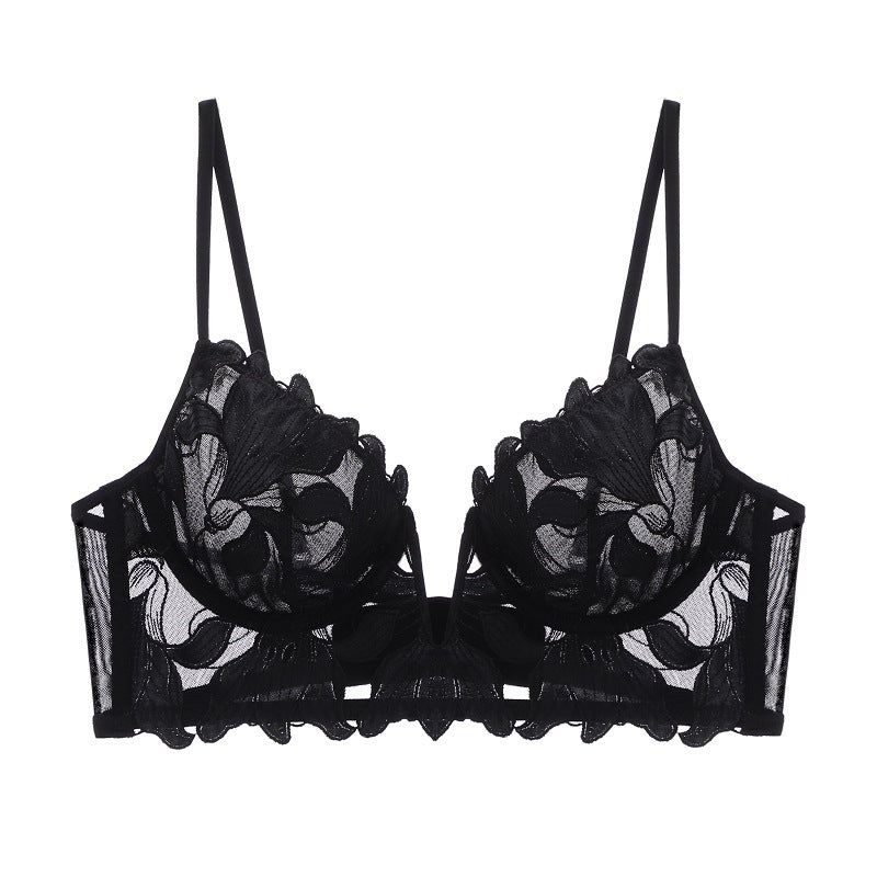 Embroidery Sexy Bra Women Deep V Plunge Plunge Steel Ring Push up Accessary Breast Push up Ultra-Thin Yarn Bra Fleur