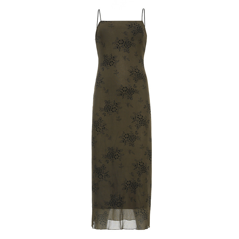 French Retro Elegant Adult Lady Woman Floral Print Maxi Dress Mesh Wooden Ear Off Neck Slim Strap Long One Step Dress