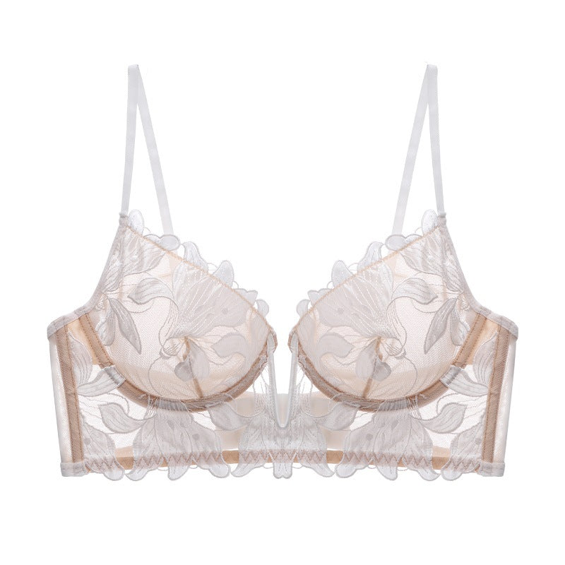 Embroidery Sexy Bra Women Deep V Plunge Plunge Steel Ring Push up Accessary Breast Push up Ultra-Thin Yarn Bra Fleur