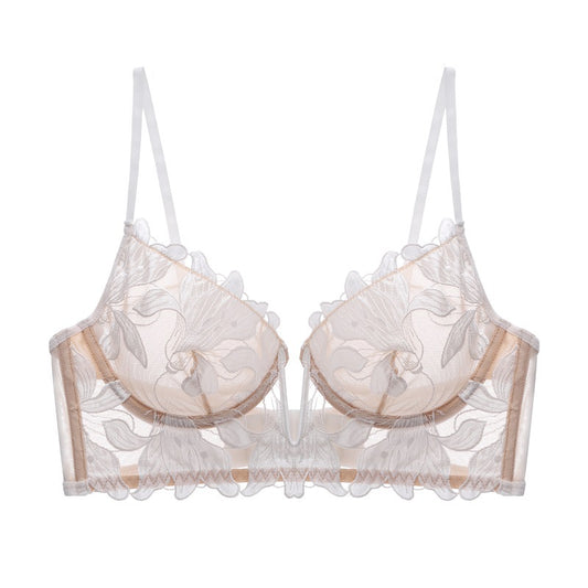 Embroidery Sexy Bra Women Deep V Plunge Plunge Steel Ring Push up Accessary Breast Push up Ultra-Thin Yarn Bra Fleur
