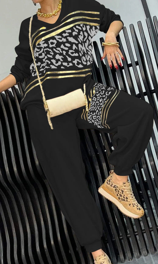 New Leopard Print Stud for Autumn Winter Bronzing Sweater Two Piece Casual Pants Loose
