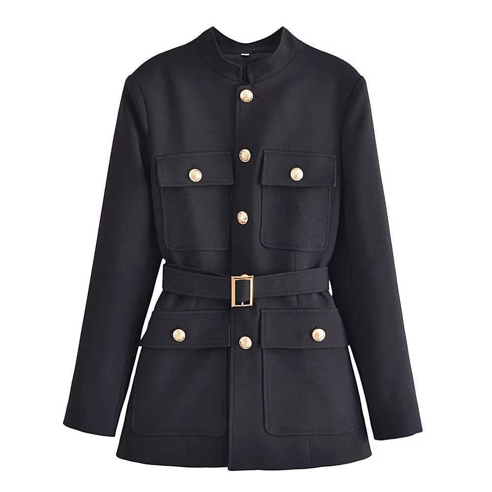 Ceinture Bouton Décoration Slim Fit Figure Flatteur Blazer Manteau