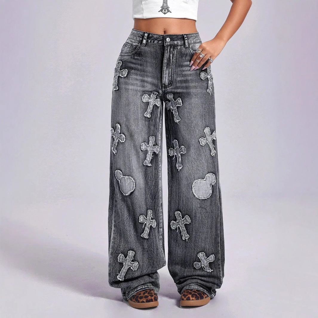 Women Clothing Vintage Cross Embroidery Straight Leg Denim