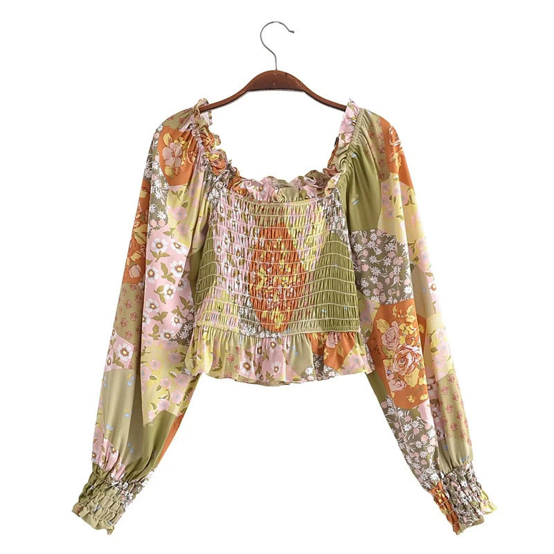 Printed Shirt Square Collar Long Sleeve Women Wooden Ear Elastic off Shoulder Small Shirt