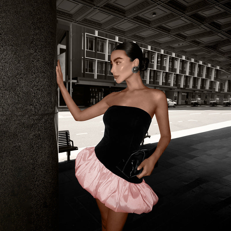 Winter Women Clothing Elegant Sleeveless Tube Top Advanced Suede Stitching Puffy Short Dress