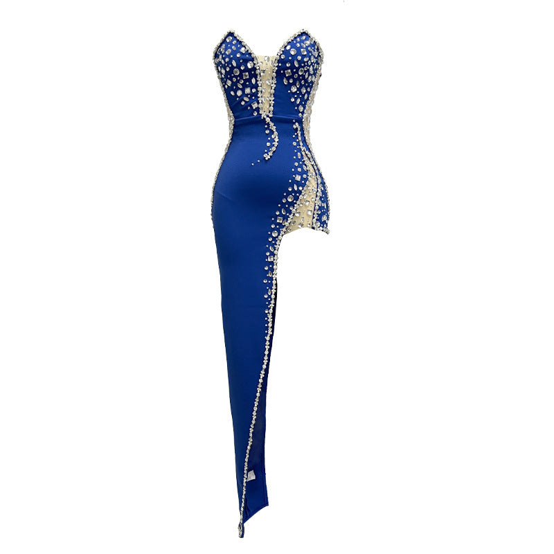 Sexy Light Luxury V neck Rhinestone Beaded Lace Perspective High Slit Tube Top Dress