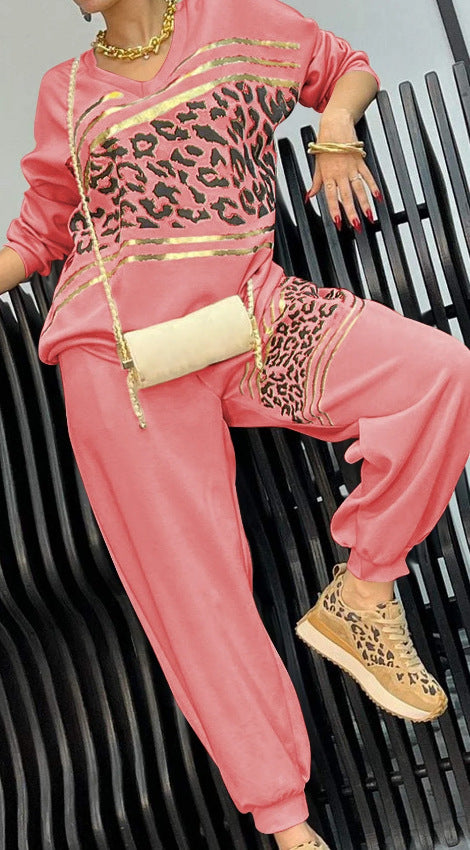 New Leopard Print Stud for Autumn Winter Bronzing Sweater Two Piece Casual Pants Loose