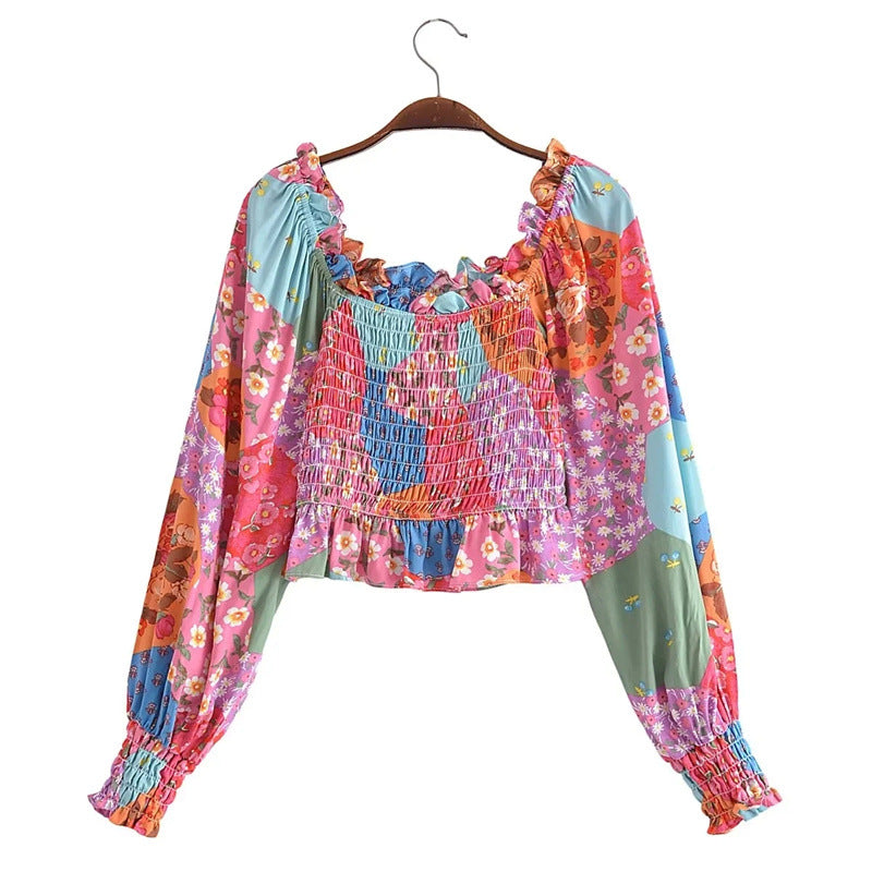 Printed Shirt Square Collar Long Sleeve Women Wooden Ear Elastic off Shoulder Small Shirt