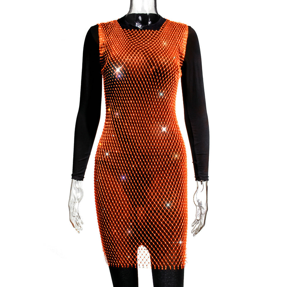 Rhinestone Fishnet Top Summer Popular Mesh Rhinestone Women Clothing Short Sleeve