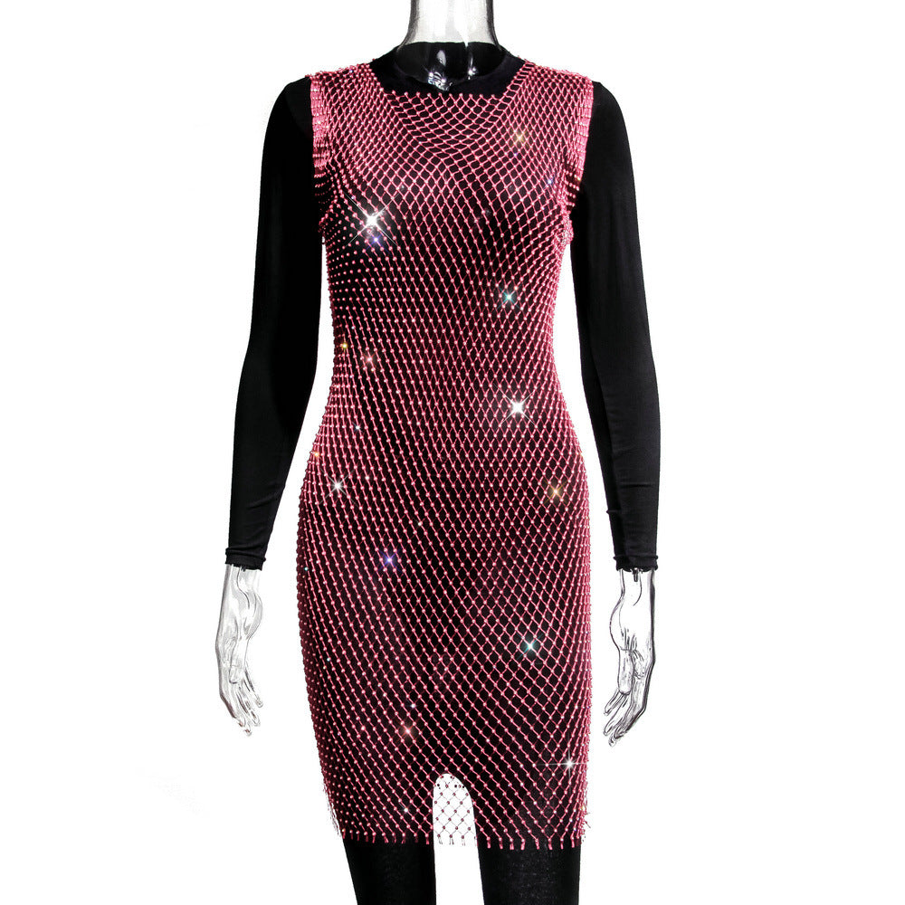 Rhinestone Fishnet Top Summer Popular Mesh Rhinestone Women Clothing Short Sleeve